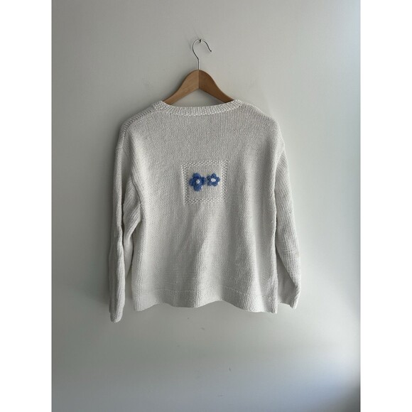 Vintage Susan Bristol White Sweater Cardigan Hand Knit Flowers Cottage Core Sz L - Picture 5 of 8